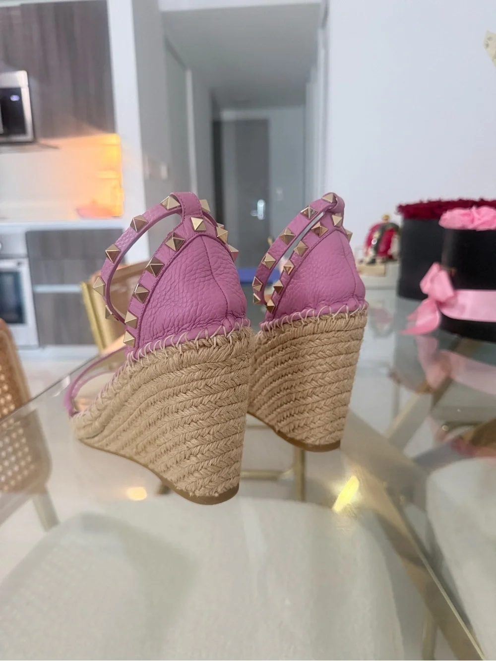 Valentino Garavani Women’s Pink Espadrille Wedge Sandals with Ankle Strap